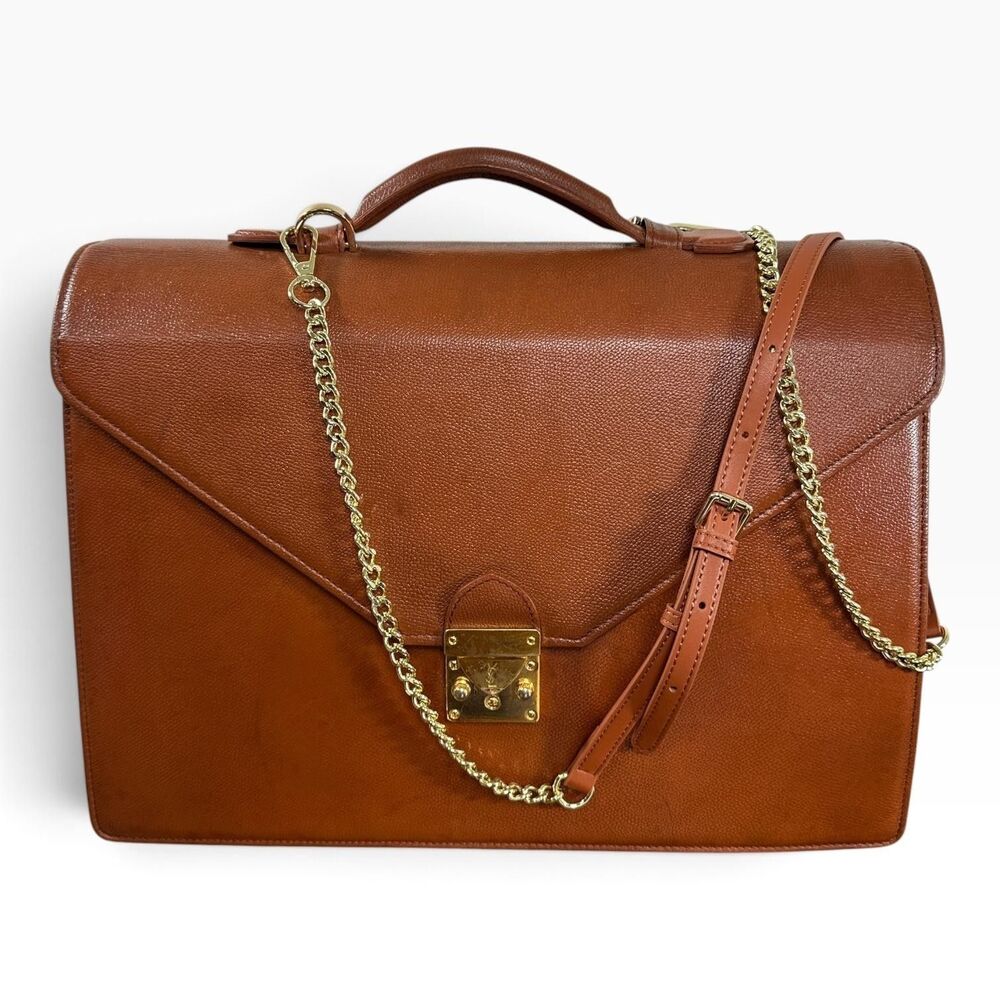 Yves Saint Laurent Vintage Briefcase Bag Womens Large Brown Leather Italy Lock